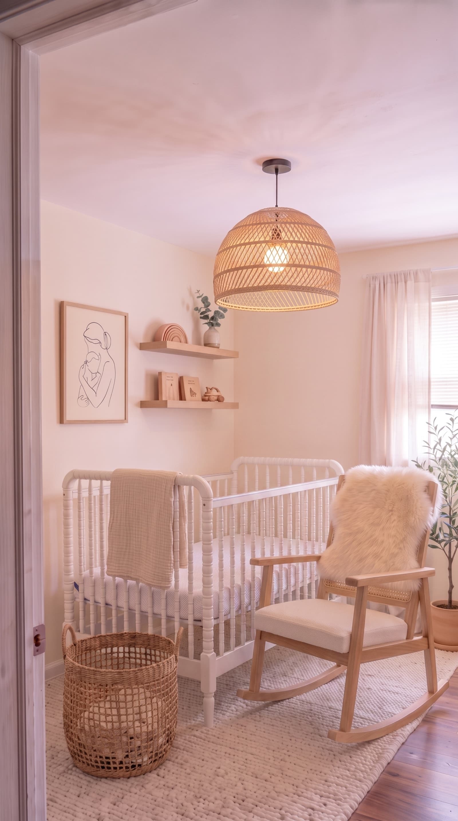 Building a calm Scandi nursery around cane, cream, and warm oak