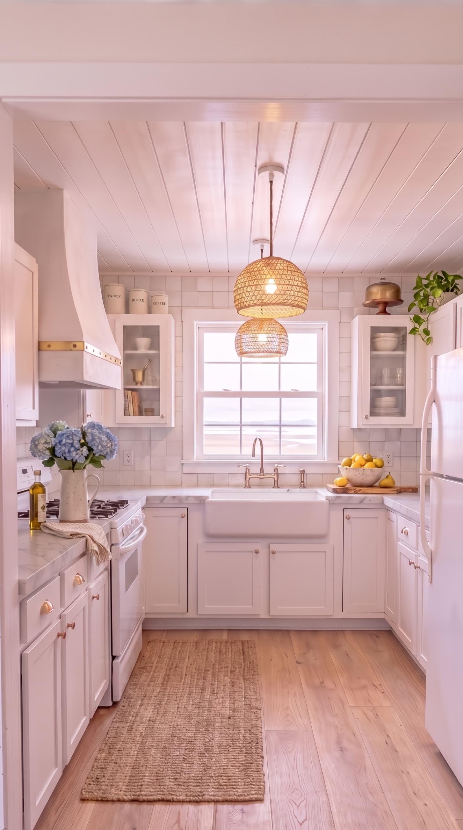 A dated galley kitchen, redesigned as a Nantucket cottage