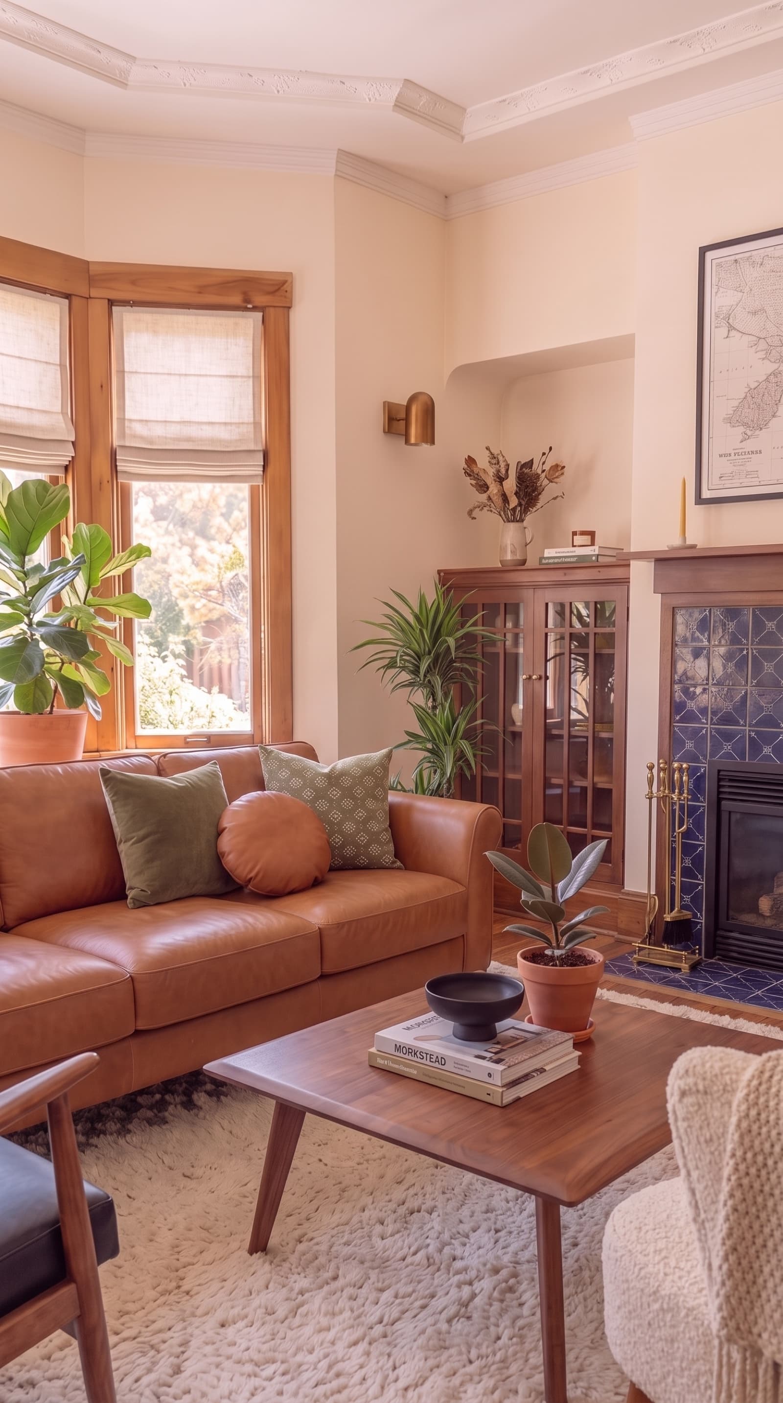 A warm California mid-century living room, retrofitted into an SF Victorian