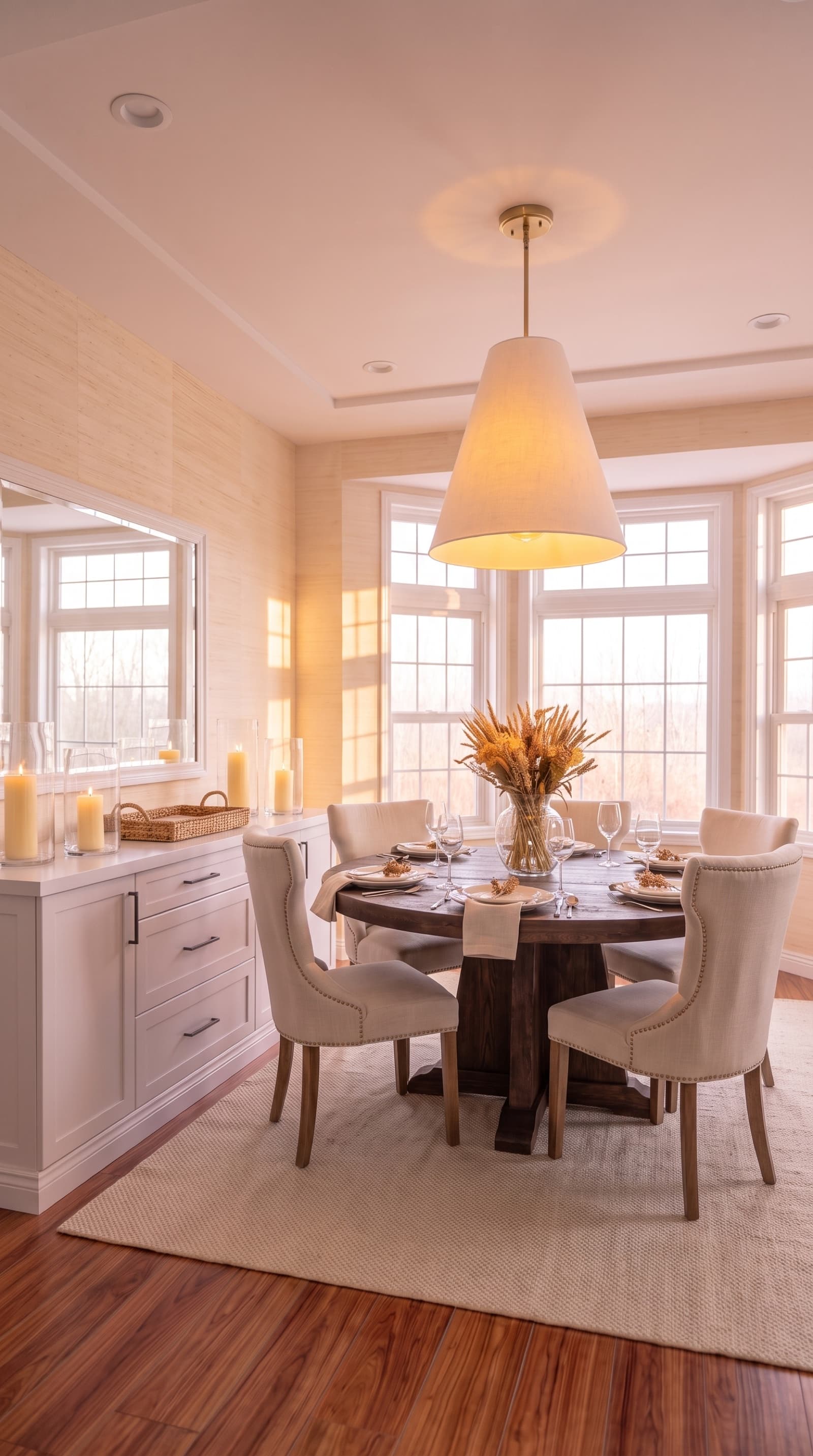 A boring dining nook, redesigned as a Transitional all-white dining room